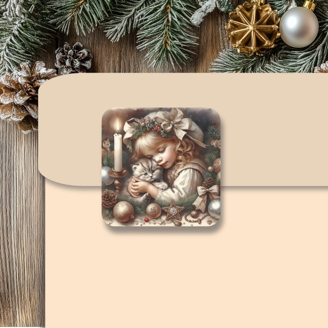 Cute Cuddly Kitten Christmas Square Sticker (Creator Uploaded)