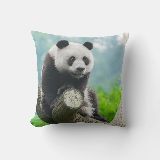 Cute Cuddly Panda Bear Sitting on a Tree Branch Cushion (Front)