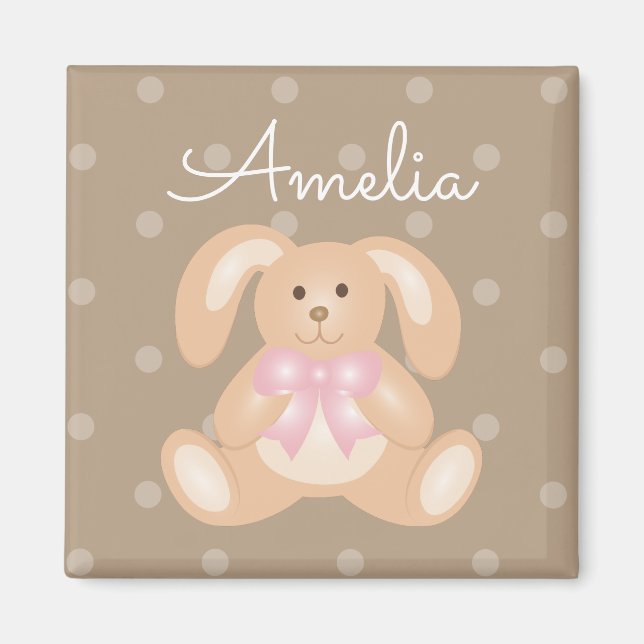 Cute Cuddly Pink Ribbon Bunny Rabbit Add Your Name Magnet (Front)