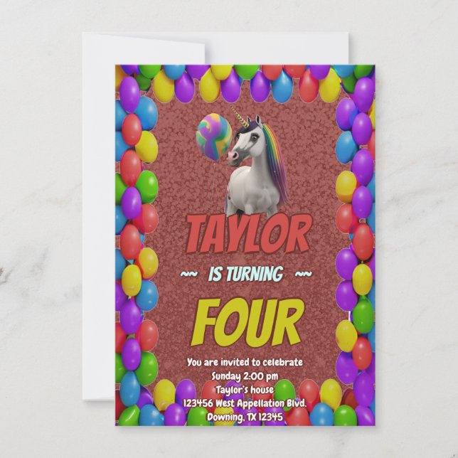 Cute Cuddly Unicorn Themed Birthday Invite (Front)
