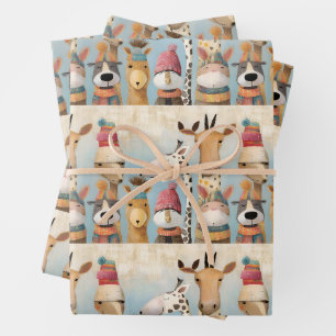 Cute cuddly wearing knitted hats wrapping paper sheet