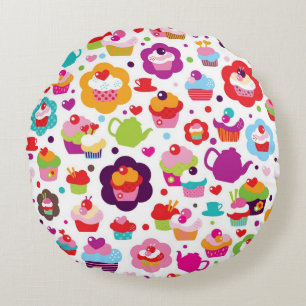 Cute cup cake and tea pot round cushion