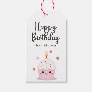 Cute Cupcake And Bright Candle Happy Birthday  Gift Tags
