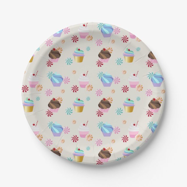 Cute Cupcake and Candy Pattern for Birthday Party Paper Plate (Front)