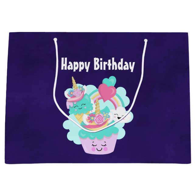 Cute Cupcake and Happy Ice Cream Birthday Large Gift Bag (Front)