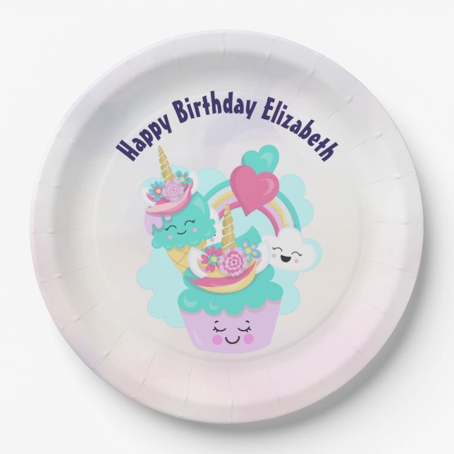 Cute Cupcake and Happy Ice Cream Birthday Paper Plate (Front)