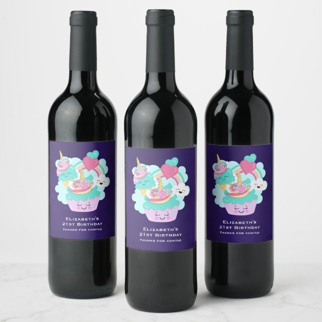 Cute Cupcake and Happy Ice Cream Birthday Wine Label (Bottles)