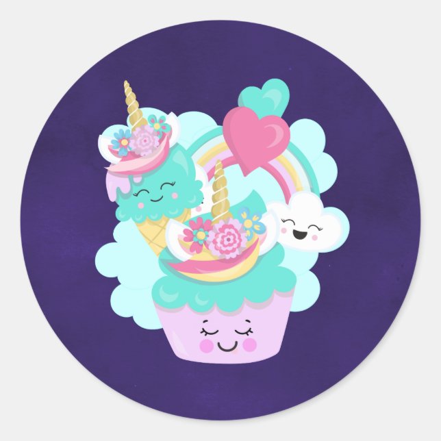 Cute Cupcake and Happy Ice Cream Classic Round Sticker (Front)