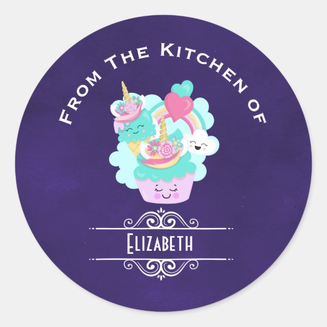 Cute Cupcake and Happy Ice Cream Kitchen Classic Round Sticker (Front)