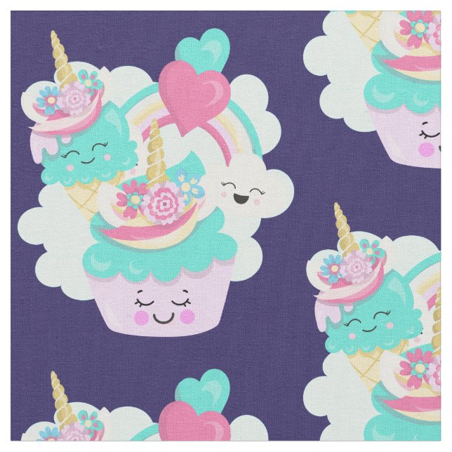Cute Cupcake and Happy Ice Cream Pattern Fabric (Close Up)