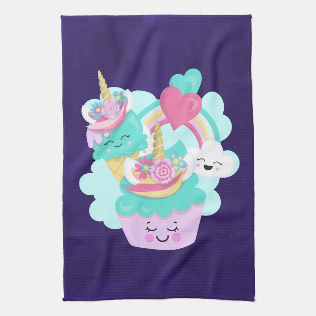 Cute Cupcake and Happy Ice Cream Tea Towel (Vertical)
