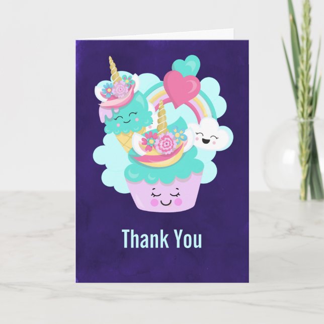 Cute Cupcake and Happy Ice Cream Thank You Card (Front)