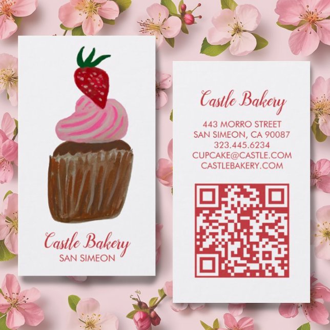 CUTE CUPCAKE Bakery Pastry Chef Modern QR Code Business Card (Pink strawberry watercolor cupcake on this custom business card with QR code)