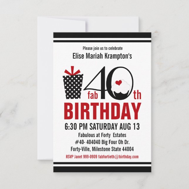 Cute Cupcake Black and Red 40th Birthday Invitation (Front)