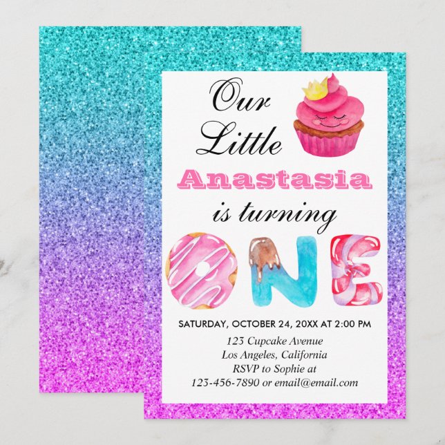 Cute Cupcake Blue Purple Glitter 1st Birthday One Invitation (Front/Back)