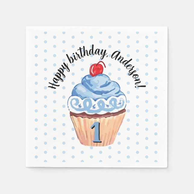 Cute Cupcake Boy Blue Happy 1st Birthday Party Napkin (Front)