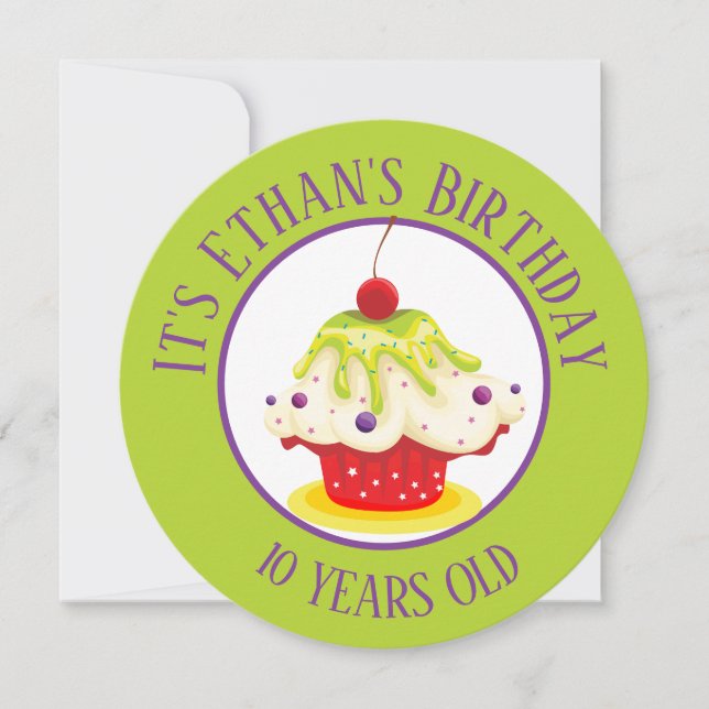 Cute Cupcake Bright Green Kids Birthday Invitation (Front)