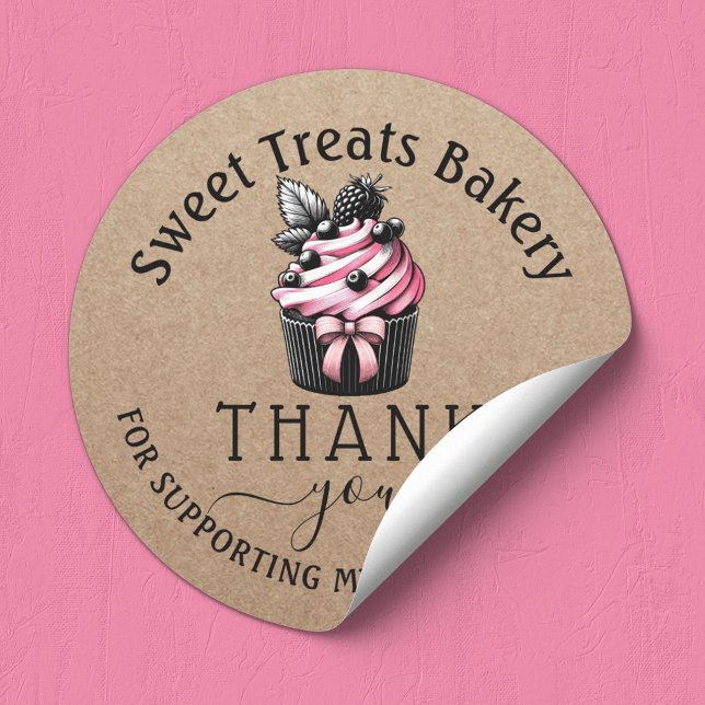 Cute Cupcake Cake Bakery Thank You Order Kraft  Classic Round Sticker (Creator Uploaded)