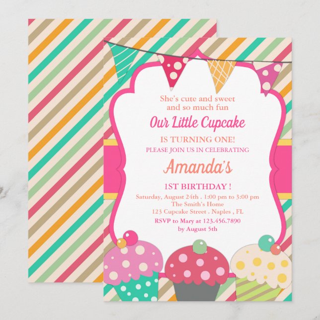 Cute Cupcake First Birthday Party Invitation (Front/Back)