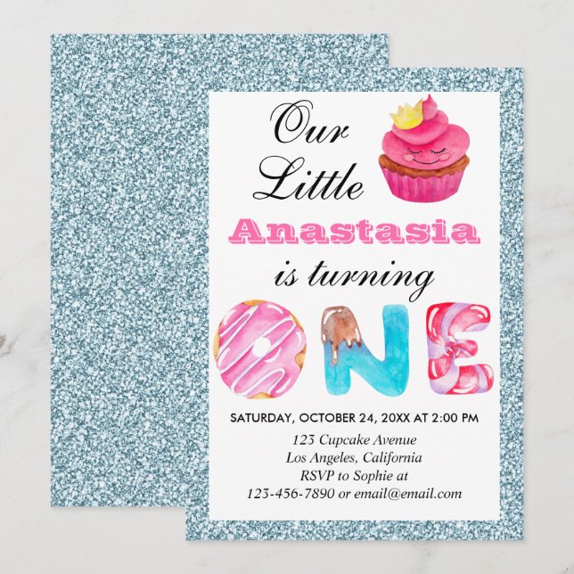 Cute Cupcake Light Blue Glitter 1st Birthday One Invitation (Front/Back)