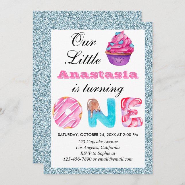 Cute Cupcake Light Blue Glitter 1st Birthday One Invitation (Front/Back)
