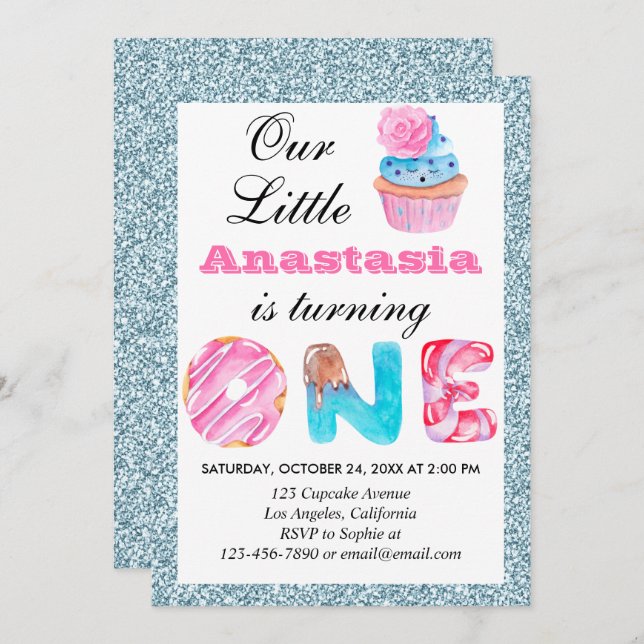 Cute Cupcake Light Blue Glitter 1st Birthday One Invitation (Front/Back)