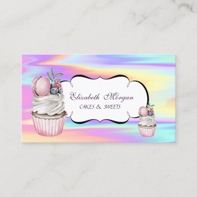 Cute Cupcake Macaron Bakery Colourful Holographic  Business Card (Front)