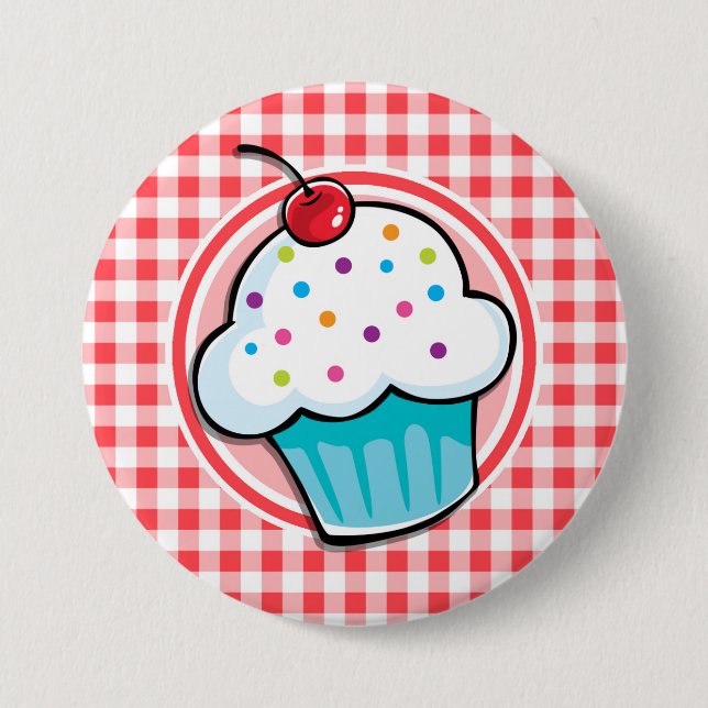 Cute Cupcake on Red and White Gingham 7.5 Cm Round Badge (Front)