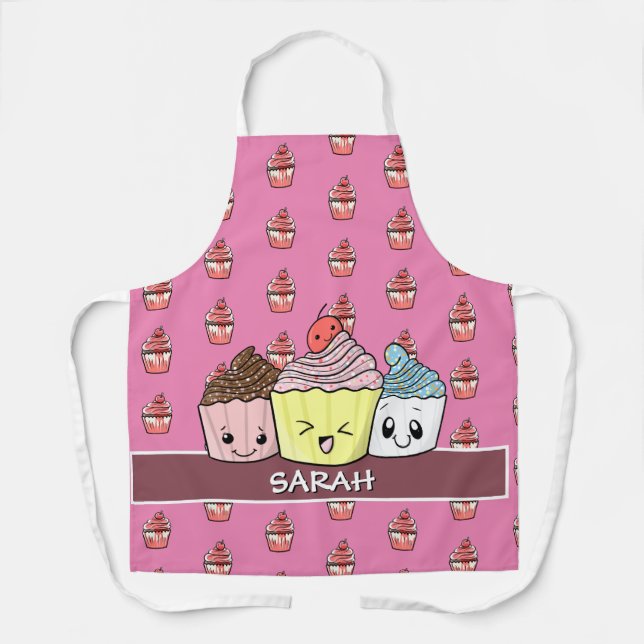 Cute Cupcake Pattern Kawaii Pink Baker Rose Gold Apron (Front)