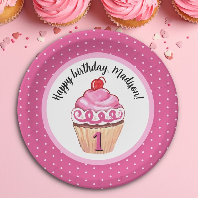Cute Cupcake Pink Girl Happy 1st Birthday Paper Plate (Creator Uploaded)