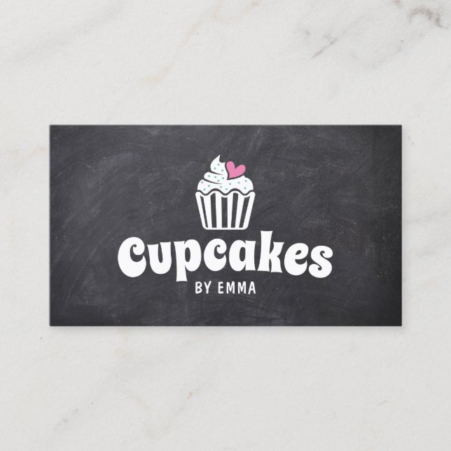 Cute Cupcake Pink Heart Home Bakery Chalkboard Business Card (Front)