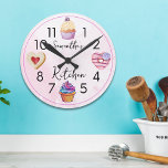 Cute Cupcake Pink Watercolor Personalised Kitchen Round Clock<br><div class="desc">Personalised kitchen wall clock with cute watercolor sweet treats-cupcakes and cookies.</div>