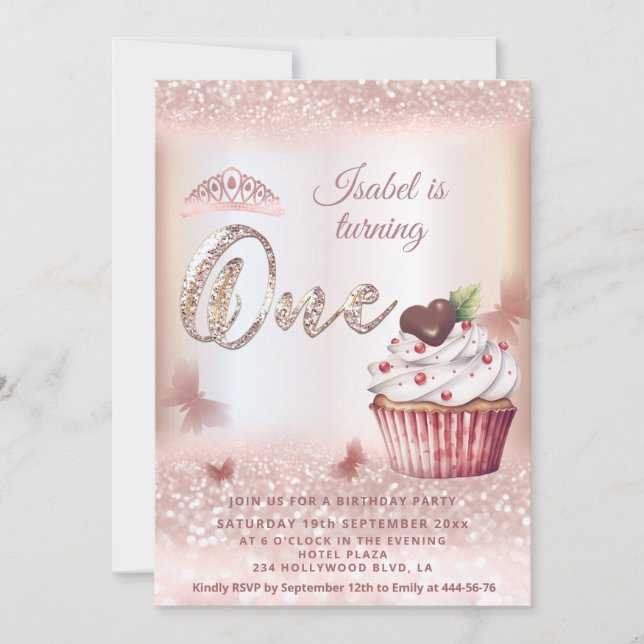 Cute Cupcake Rose gold glittery butterfly tiara  Invitation (Front)