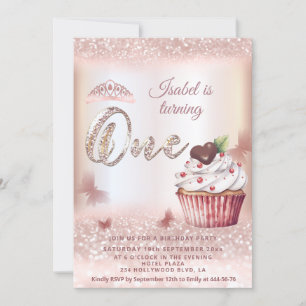 Cute Cupcake Rose gold glittery butterfly tiara Invitation