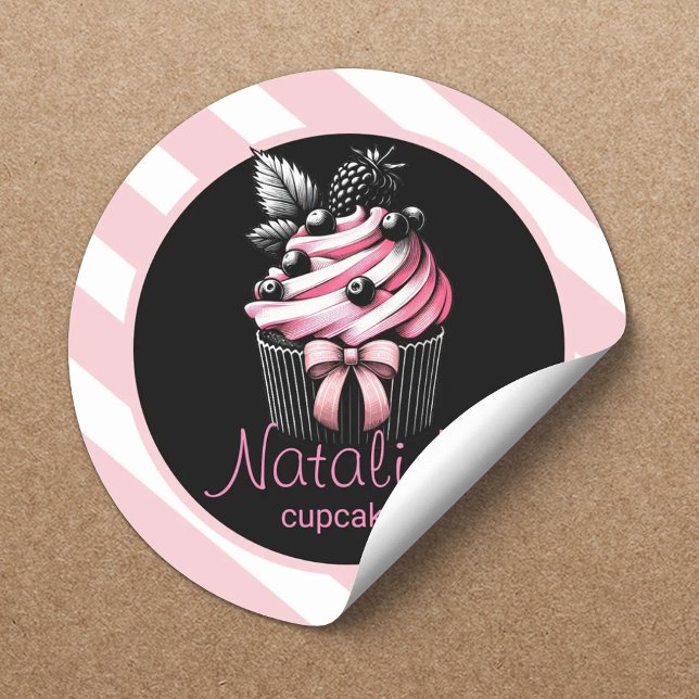 Cute Cupcake Sweet Bakery Girly Pink Stripes Classic Round Sticker (Creator Uploaded)