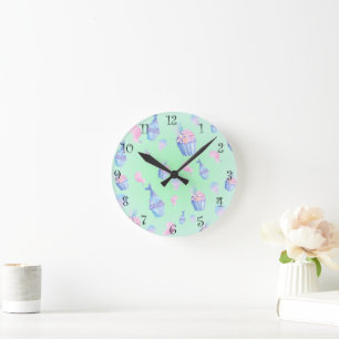 cute cupcake Sweet mermaid Birthday party Girly  Round Clock