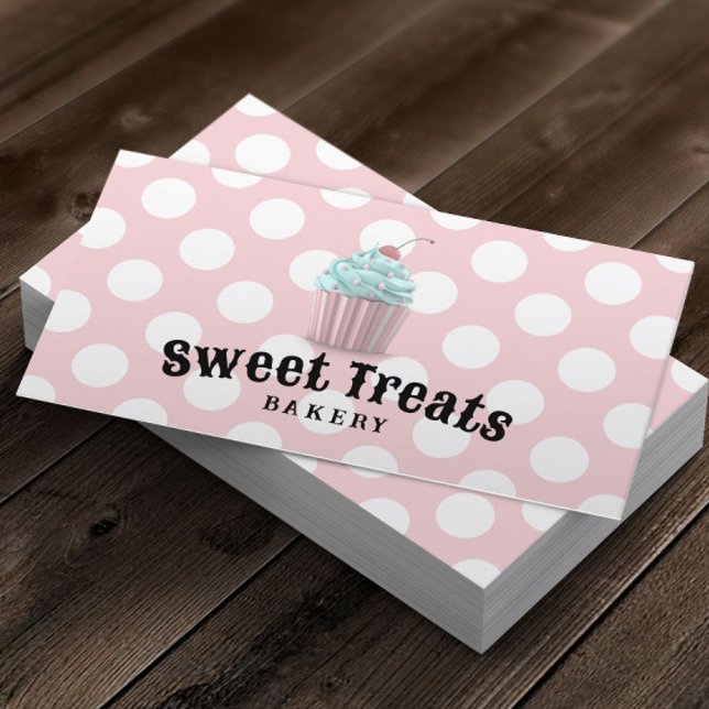 Cute Cupcake Sweet Treats Bakery Pink Polka Dots Business Card (Creator Uploaded)