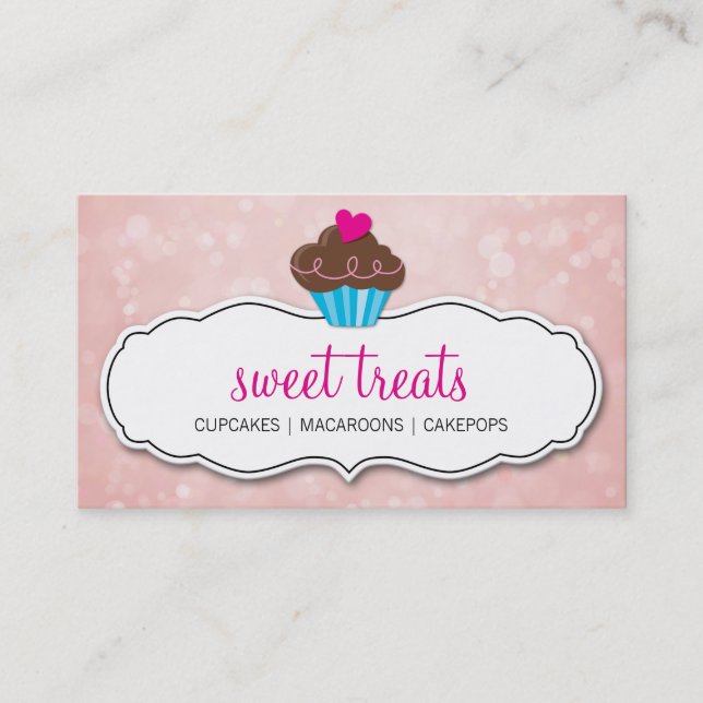 CUTE CUPCAKE whimsical bokeh pattern pink coral Business Card (Front)