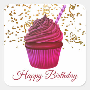 Cute Cupcake With Confetti Happy Birthday Square Sticker