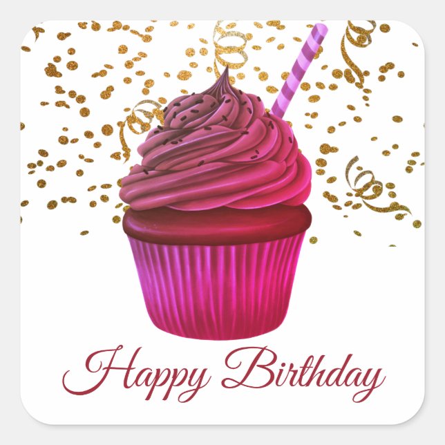 Cute Cupcake With Confetti Happy Birthday Square Sticker (Front)