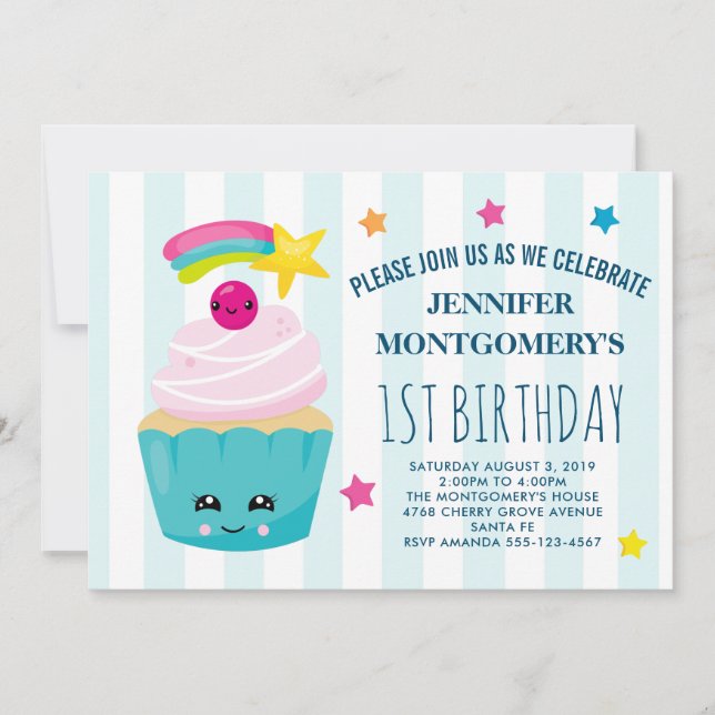 Cute Cupcake with Kawaii Face Birthday Invitation (Front)