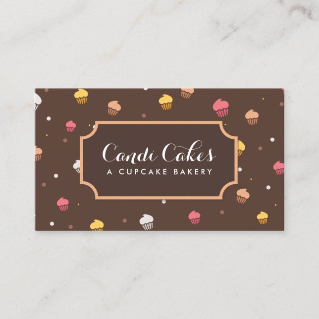 Cute Cupcakes Bakery Pattern Brown Business Card (Front)