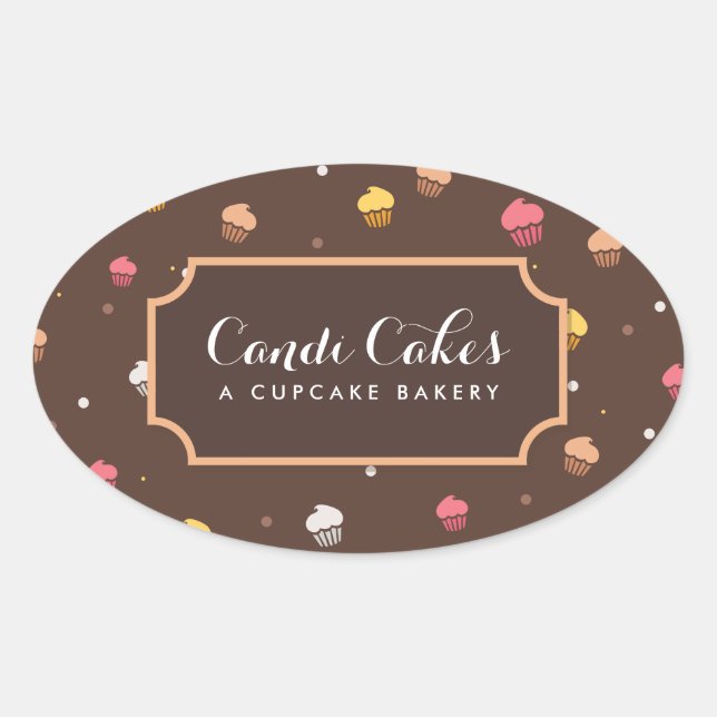Cute Cupcakes Bakery Pattern Brown Oval Sticker (Front)