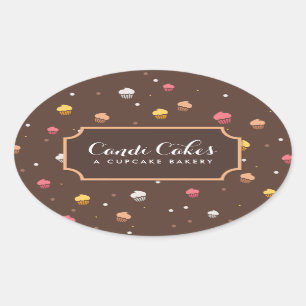Cute Cupcakes Bakery Pattern Brown Oval Sticker