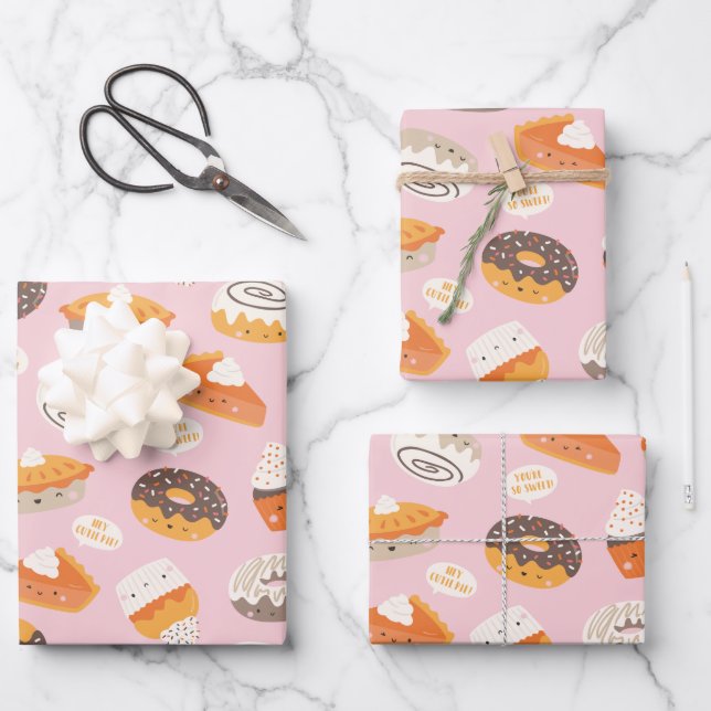 Cute cupcakes, doughnuts and pies with text wrapping paper sheet (Front)