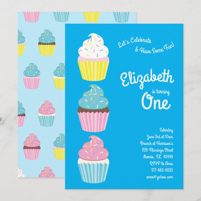 Cute Cupcakes Kids 1st Birthday Party Invitation (Front/Back)