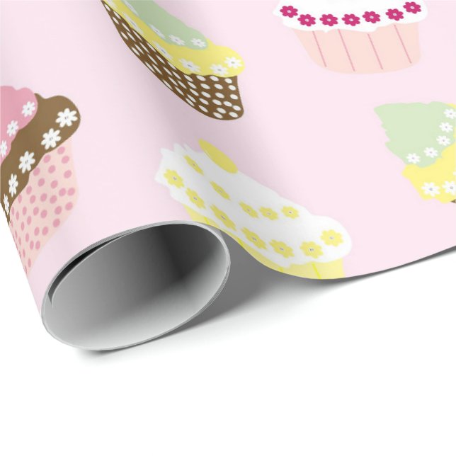 Cute Cupcakes Pattern Pastel Pink Wrapping Paper (Roll Corner)