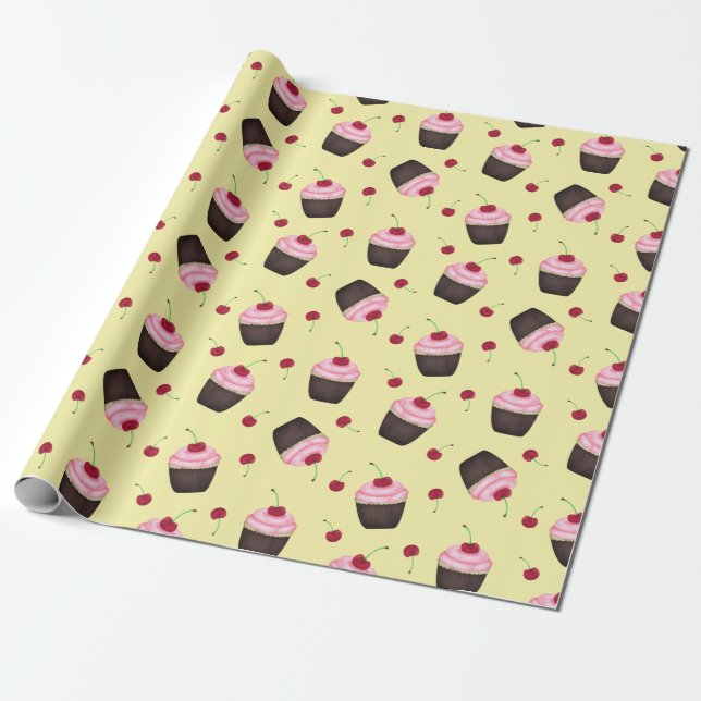 Cute cupcakes pattern pink and yellow wrapping paper (Unrolled)