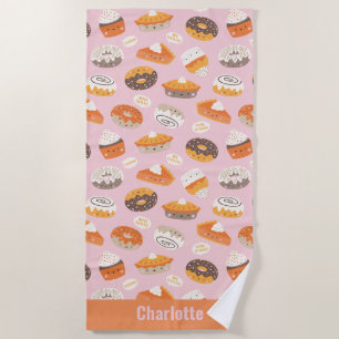 Cute cupcakes, pies and doughnuts with name on pin beach towel