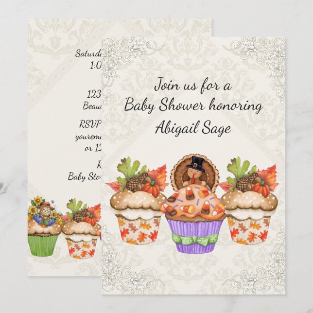 Cute Cupcakes Thanksgiving Fall Baby Shower Invite (Front/Back)